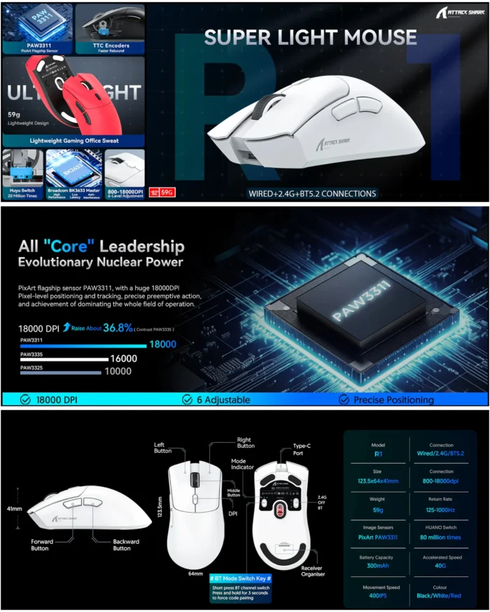 ATTACK SHARK R1 Wireless Gaming Mouse - Black - Image 5